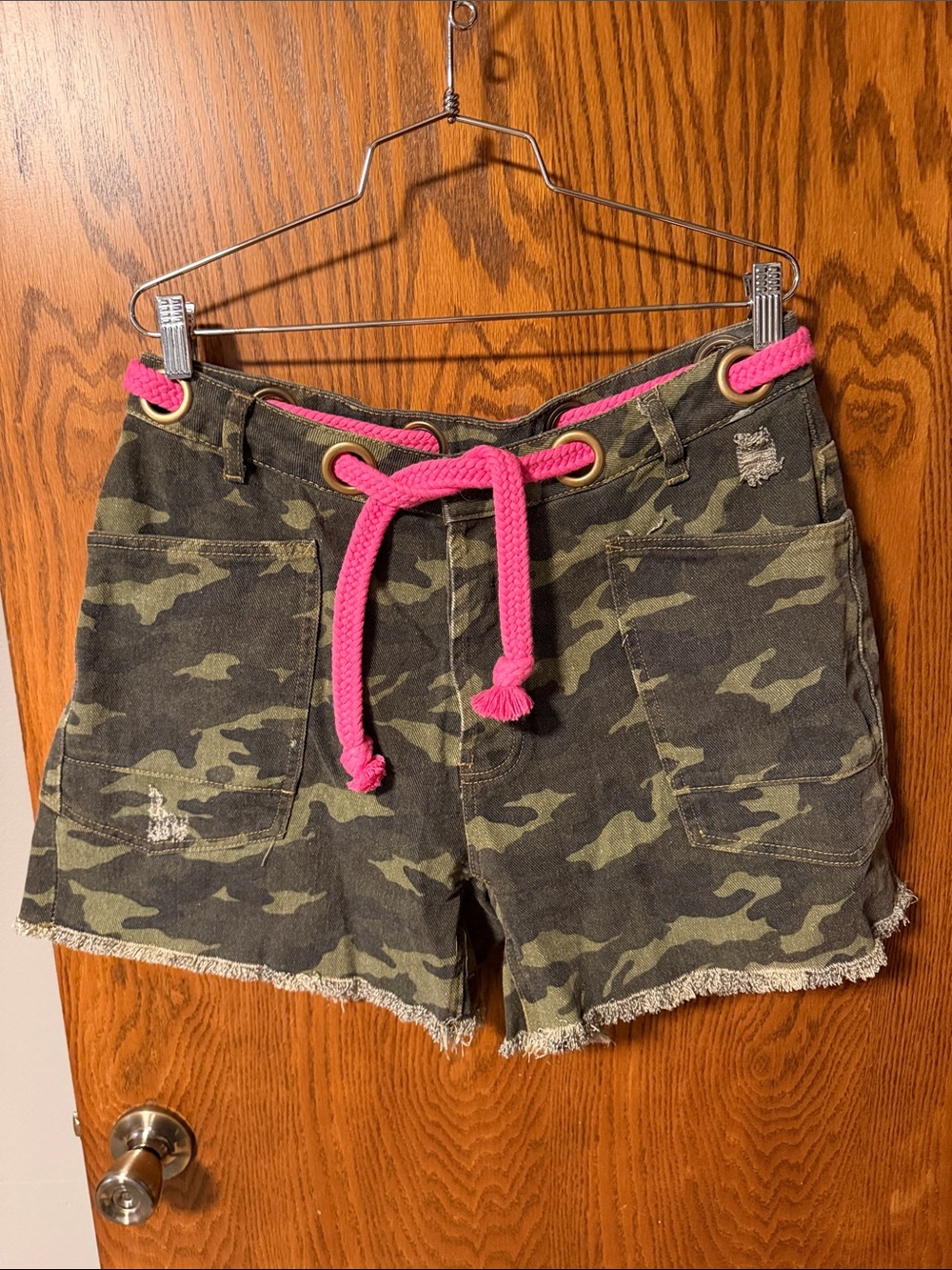 BiBi Olive Camo Shorts with Hot Pink Rope Waist